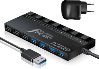 Концентратор USB 2.0/3.0 HUB Ginzzu GR-388UAB, 4xUSB 3.0 + 3xUSB 2.0, с кнопками выключения портов, черный