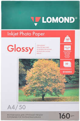 Фотобумага Lomond, А4, 160 г/м2, глянцевая односторонняя, 50 листов (0102055)