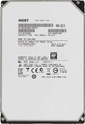 Жесткий диск Hitachi SATA-III 6Tb 0F23669 HUH728060ALE604 Ultrastar HE8 (7200rpm) 128Mb 3.5"