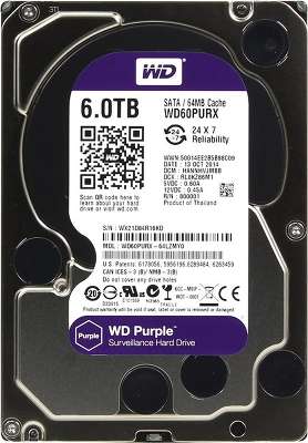Жёсткий диск WD SATA-3 6Tb Purple WD60PURX, IntelliPower, 64MB buffer (DV-Digital Video)