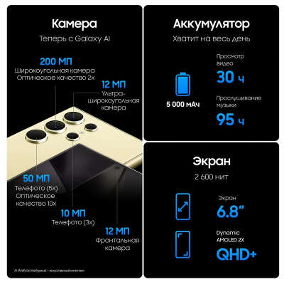 Смартфон Samsung Galaxy S24 Ultra, Snapdragon 8 Gen 3, 12Gb RAM, 256Gb, желтый (SM-S928BZYGCAU)