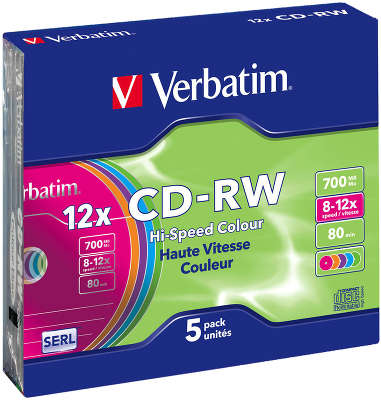 CD-RW диск Verbatim 12x 700 Мб Color Slim (5 шт.)