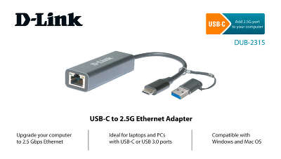 Сетевая карта D-link DUB-2315, 1xRJ-45, 2.5 Гбит/с, USB 3.0 Type-A/Type-C, Retail