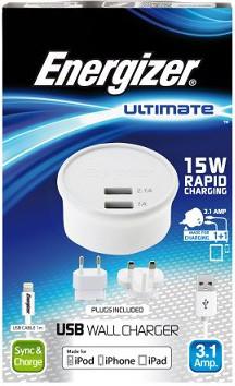 Зарядное устройство Energizer Ultimate c кабелем Lightning, 2хUSB, 3.1A для iPhone/iPad [AC2UUNUIP5]