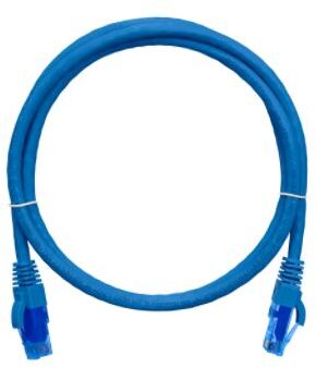 Коммутационный шнур NIKOMAX U/UTP 4 пары, Кат.6 (Класс E), 250МГц, 2хRJ45/8P8C, T568B, заливной, с защитой защелки, многожильный, BC (чистая медь), 24AWG (7х0,205мм), полимерный материал, исполнение кабельного изделия нг(А)-HF, синий, 5м