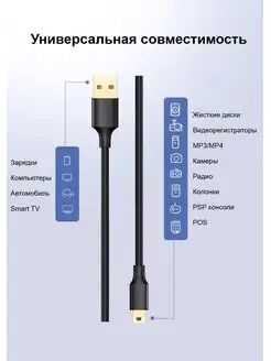 Кабель UGREEN US132 (10355) USB 2.0 A Male to Mini 5 Pin Male Cable. Длина: 1м. Цвет: черный