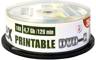 DVD-R диск Mirex 16х 4.7 ГБ Cake Box, Ink Printable (25 шт.)