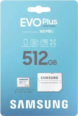 Карта памяти 512 Гб Micro SDXC Samsung EVO Plus Class 10 UHS-I, U3, A2, V30 [MB-MC512SA], с адаптером