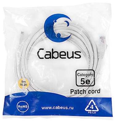 Cabeus PC-UTP-RJ45-Cat.5e-5m-WH-LSZH Патч-корд U/UTP, категория 5е, 2xRJ45/8p8c, неэкранированный, белый, LSZH, 5м