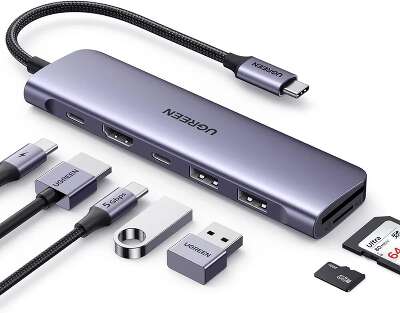Конвертер UGREEN CM195 (15214) USB-C To HDMI+2*USB 3.0 A+ USB-C+SD/TF+PD Converter. серый космос
