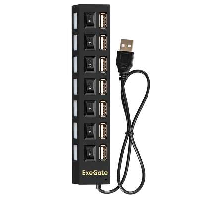 Концентратор ExeGate DUB-72SW (USB2.0 --> 7xUSB2.0, кнопки вкл/откл для каждого порта, Plug&Play, черный)