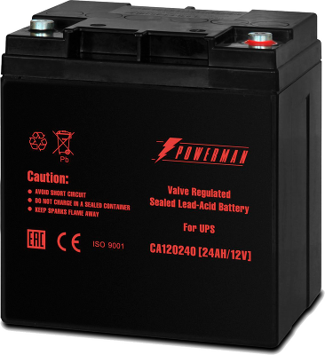 Батарея POWERMAN Battery CA12240, напряжение 12В, емкость 24Ач, макс. ток разряда 360А, макс. ток заряда 7.2А, свинцово-кислотная типа AGM, тип клемм M1, Д/Ш/В 166/126/174, 8.4 кг./ Battery POWERMAN Battery CA12240, voltage 12V, capacity 24Ah, max. discha