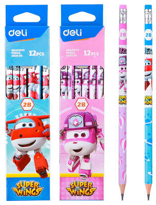 Карандаш ч/г Deli EU53500 Super Wings 2B шестигран. ассорти (12шт) ластик
