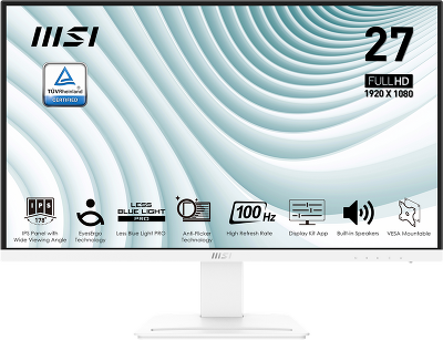 Монитор MSI PRO MP273AW 27" 16:9 FHD(1920x1080)IPS Flat,5ms(GTG),1000:1,100M:1,300nit,178/178,1xHDMI ,1xDP, 1*D-Sub (VGA) ,Tilt,VESA,100Hz,1y w-ty, White