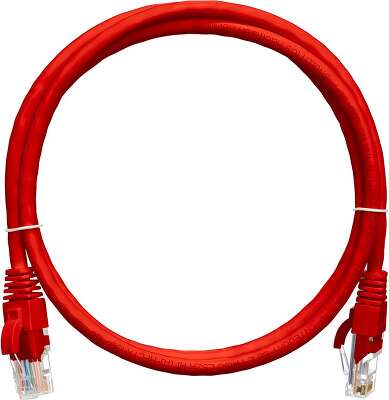 Коммутационный шнур NIKOMAX U/UTP 4 пары, Кат.5е (Класс D), 100МГц, 2хRJ45/8P8C, T568B, заливной, с защитой защелки, многожильный, BC (чистая медь), 24AWG (7х0,205мм), поливинилхлорид, красный, 0,3м