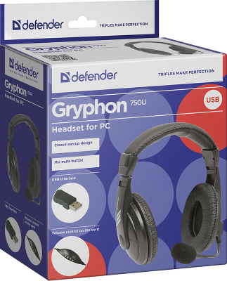 Defender Компьютерная гарнитура Gryphon 750U USB, черный, 1.8м кабель