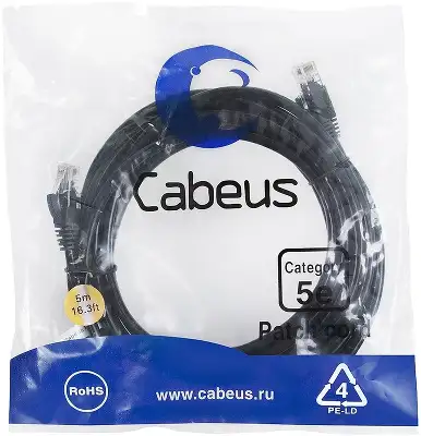 Патч-корд Cabeus PC-UTP-RJ45-CAT.5E-5M-BK U/UTP RJ-45 вил.-вилка RJ-45 кат.5E 5м черный ПВХ