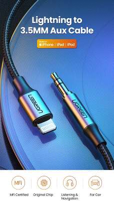 Кабель UGREEN US315 (70509) Lightning to 3.5mm Aux Cable Aluminum Shell в оплетке.Длина 1 м. Цвет: черный