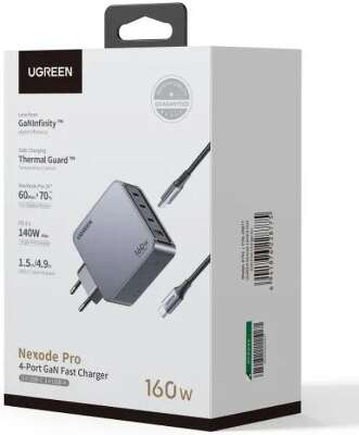 Зарядное устройство UGREEN X763 (25877) Nexode Pro 160W USB-A+3*USB-C GaN Tech Fast Charger EU с кабелем 1,5M 240W. Цвет: серый