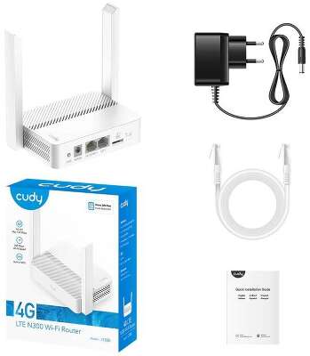 Cudy LT300 3.0 Wi-Fi 4G LTE Cat.4 роутер N300, 2,4 ГГц, до 300 Мбит/с, 3G, 4G, 2x100 Мбит/с, Nano-SIM, белый, 2 антенны