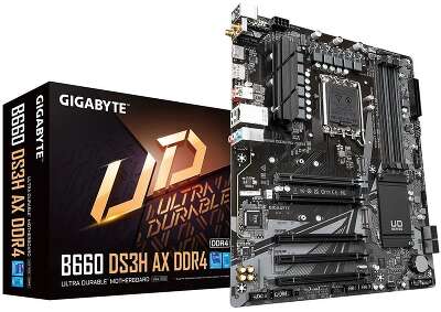 Материнская плата Gigabyte B660 DS3H AX DDR4, Socket 1700, Intel®B660, 4xDDR4-3200, HDMI+DP, 5xPCI-Ex16, 4xSATA3(RAID 0/1/5/10), 2xM.2, 8Ch Audio, GLan, WiFi, (4+4)xUSB2.0, (1+2)xUSB3.2, (1+1)xUSB3.2 Type-C™, 1xPS/2, ATX, RTL (833381)
