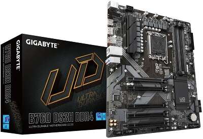Материнская плата Gigabyte B760 DS3H DDR4, Socket 1700, Intel®B760, 4xDDR4-3200, HDMI+DP, 5xPCI-Ex16, 4xSATA3(RAID 0/1/5/10), 2xM.2, 8Ch Audio, GLan, (4+4)xUSB2.0, (1+2)xUSB3.2, (1+1)xUSB3.2 Type-C™, 1xPS/2, ATX, RTL