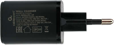 Зарядное устройство Cablexpert MP3A-PC-43, 30Вт GaN, 3А, QC4.0/PD, 1хUSB, 1хType-C, черный, пакет