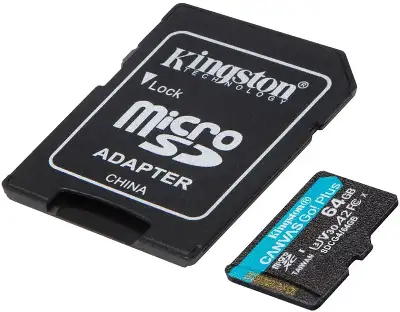 Карта памяти 64 Гб Micro SDXC Kingston Canvas Go Plus G4, Class 10 UHS-I U3 V30 [SDCG4/64GB], с адаптером
