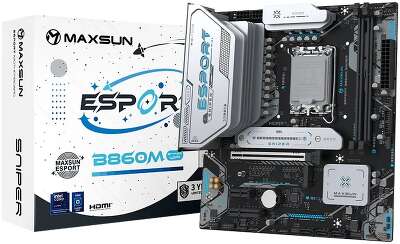 Материнская плата Maxsun MS-eSport B860M SNIPER WIFI B860, LGA1851, 2*DDR5, 1*PCIEx16, 1*PCIEx4, 1*PCIEx1, 2*M.2, 4*USB3.2Gen2, 2*USB3.2Gen1, 6*USB2.0, 3*SATA3.0, 2.5G, Type-C(DP), DP, HDMI, M-ATX, RTL