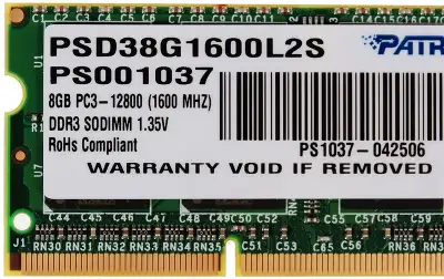 Память DDR3L 8Gb 1600MHz Patriot PSD38G1600L2S RTL PC3-12800 CL11 SO-DIMM 204-pin 1.35В dual rank Ret