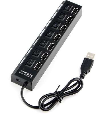 Разветвитель USB2.0 Gembird UHB-U2P7-01, 7хUSB, с доп. питанием, подсветка и выключатели, кабель USB 55см