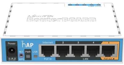 MikroTik RB951Ui-2nD Беспроводной маршрутизатор,  hAP 2.4Ghz, 5xLAN, 2.4 ГГц 802.11b/g/n, MIMO 2x2, 22 дБм