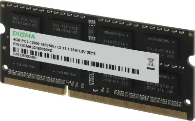Память DDR3 4GB 1600MHz Digma DGMAS31600004D RTL PC3-12800 CL11 SO-DIMM 204-pin 1.35В dual rank Ret