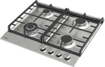 Варочная панель газовая, 60 см, 4 конфорки: экономичная конфорка (0,9 кВт), 2 стандартных конфорки (2х1,7 кВт), ВОК конфорка (2,5 кВт), газ-контроль, электроподжиг, нержавеющая сталь, чугунные решетки, поворотные переключатели, комплект форсунок-переходни