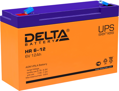 Батарея DELTA серия HR, HR 6-12, напряжение 6В, емкость 12Ач (разряд 20 часов), макс. ток разряда (5 сек.) 175А, макс. ток заряда 3.6А, свинцово-кислотная типа AGM, клеммы F1, ДxШxВ 151х50х94мм., вес 1.85кг., срок службы 8 лет./ Battery DELTA series HR, H