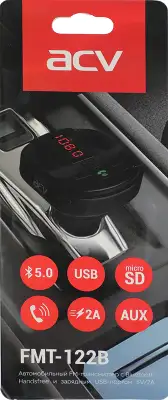 Автомобильный FM-модулятор ACV FMT-122B черный MicroSD BT USB (37576)