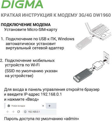 Модем 3G/4G Digma Dongle Wi-Fi DW1960 USB Wi-Fi Firewall +Router внешний белый