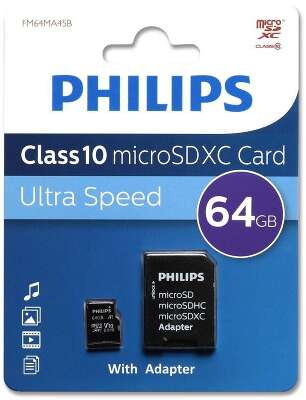 Карта памяти 64 Гб Micro SDHC PHILIPS Class 10 [FM64MA45B/97] с адаптером