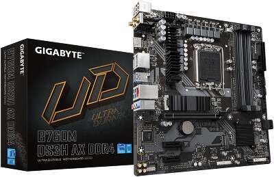 Материнская плата Gigabyte B760M DS3H AX DDR4, Socket 1700, Intel®B760, 4xDDR4-3200, HDMI+DP+DP, 1xPCI-Ex16, 2xPCI-Ex1, 4xSATA3(RAID 0/1/5/10), 2xM.2, 8Ch Audio, GLan, WiFi, (2+4)xUSB2.0, (3+2)xUSB3.2, (1+0)xUSB3.2 Type-C™, 1xPS/2, mATX, RTL