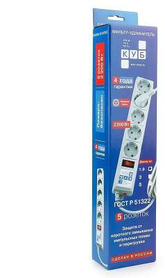 Фильтр-удлинитель Power Cube B 1.9 м 5 розеток (серый) 10А/2,2кВт/ Surge protector Power Cube B 1.9 m 5 outlets (gray) 10A / 2.2kW