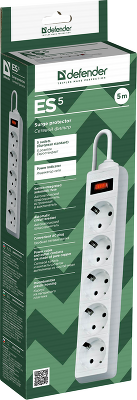 Сетевой фильтр Defender ES 5 5 м, белый, 5 розеток/ Surge Protector Defender ES 5 5m, white, 5 outlets