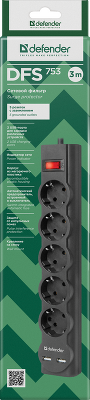 Сетевой фильтр Defender DFS 753 3,0 м, 5 розеток, 2xUSB, 2.1A