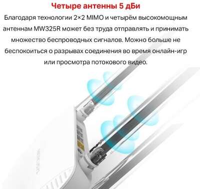 Mercusys MW325R Wi-Fi роутер N300, до 300 Мбит/с на 2,4 ГГц, LAN 3x10/100 Мбит/с, WAN 1x10/100 Мбит/с, 4 антенны