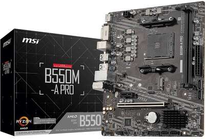 Материнская плата MSI B550M-A PRO B550, AM4, 2*DDR4, 1*PCIEx16, 1*PCIEx1, 1*M.2, 6*USB3.2Gen1, 6*USB2.0, 4*SATA3.0, 1G, DVI, HDMI, M-ATX, RTL