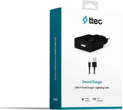 Сетевое зарядное устройство TTEC SmartCharger Travel Charger 2.1A с кабелем Lightning для зарядки и передачи данных. Цвет: черный
