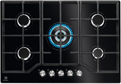 Встраиваемые газовые панели ELECTROLUX/ Газовая варочная поверхность 75 см- газ на стекле, 3 чугунных держателя, газконтроль варочной поверхности, интегрированный автоподжиг варочной поверхности, конфорки: Конфорка ускоренного нагрева, средней мощности, К