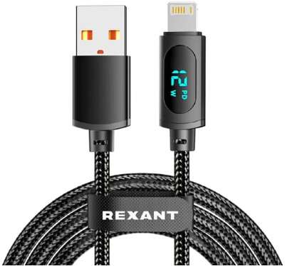 Rexant (18-7062) Кабель USB-A – Lightning для Apple, 2,4А, 1м, в черной нейлоновой оплетке, c LED дисплеем