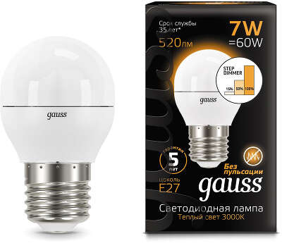 Лампа светодиодная Gauss Black 6.5Вт цок.:E27 шар 220B св.свеч.бел.теп. G45 (упак.:10шт) (105102107)