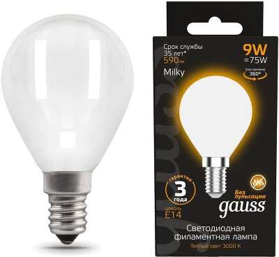Лампа светодиодная Gauss Filament 105201109 9Вт цок.:E14 шар 220B св.свеч.бел.теп. (упак.:10шт)
