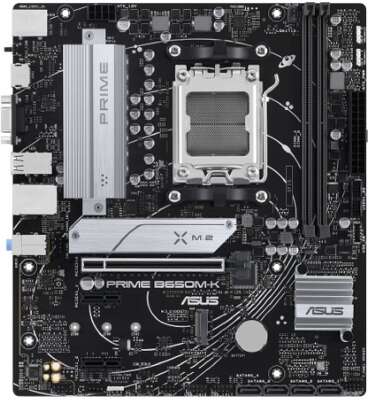 ASUS PRIME B650M-K (Socket AM5, mATX, 2xDDR5(96GB), VGA/HDMI 2.1, 1xPCIe 4.0x16/2xPCIe 4.0, 1xLAN (2.5GbE), 4xSATA 6Gb/s, 2xM.2, 4xUSB 3.2, 4xUSB 2.0, 1xPS/2)